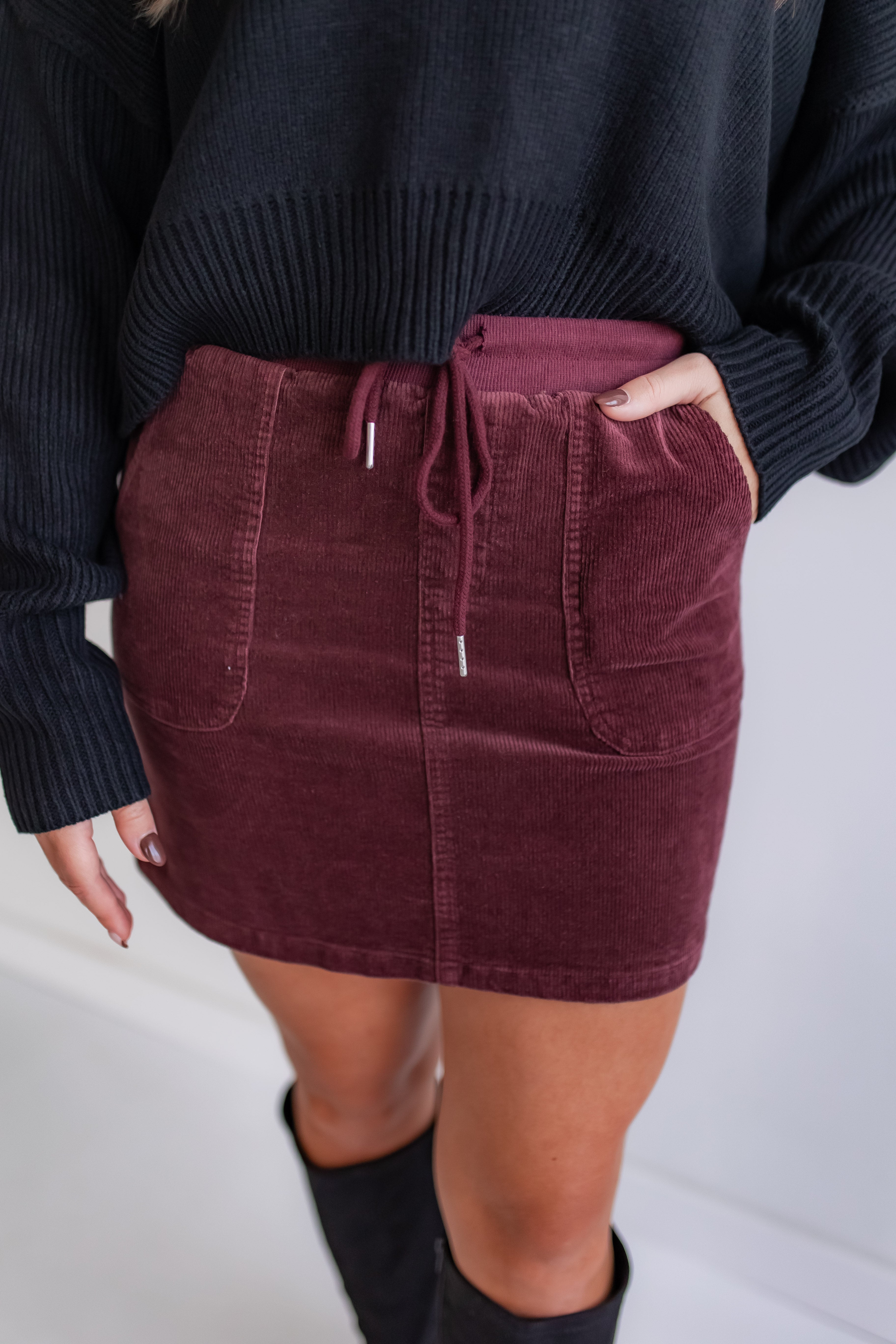 Burgundy Corduroy Mini Skirt | One Eleven Olive Boutique