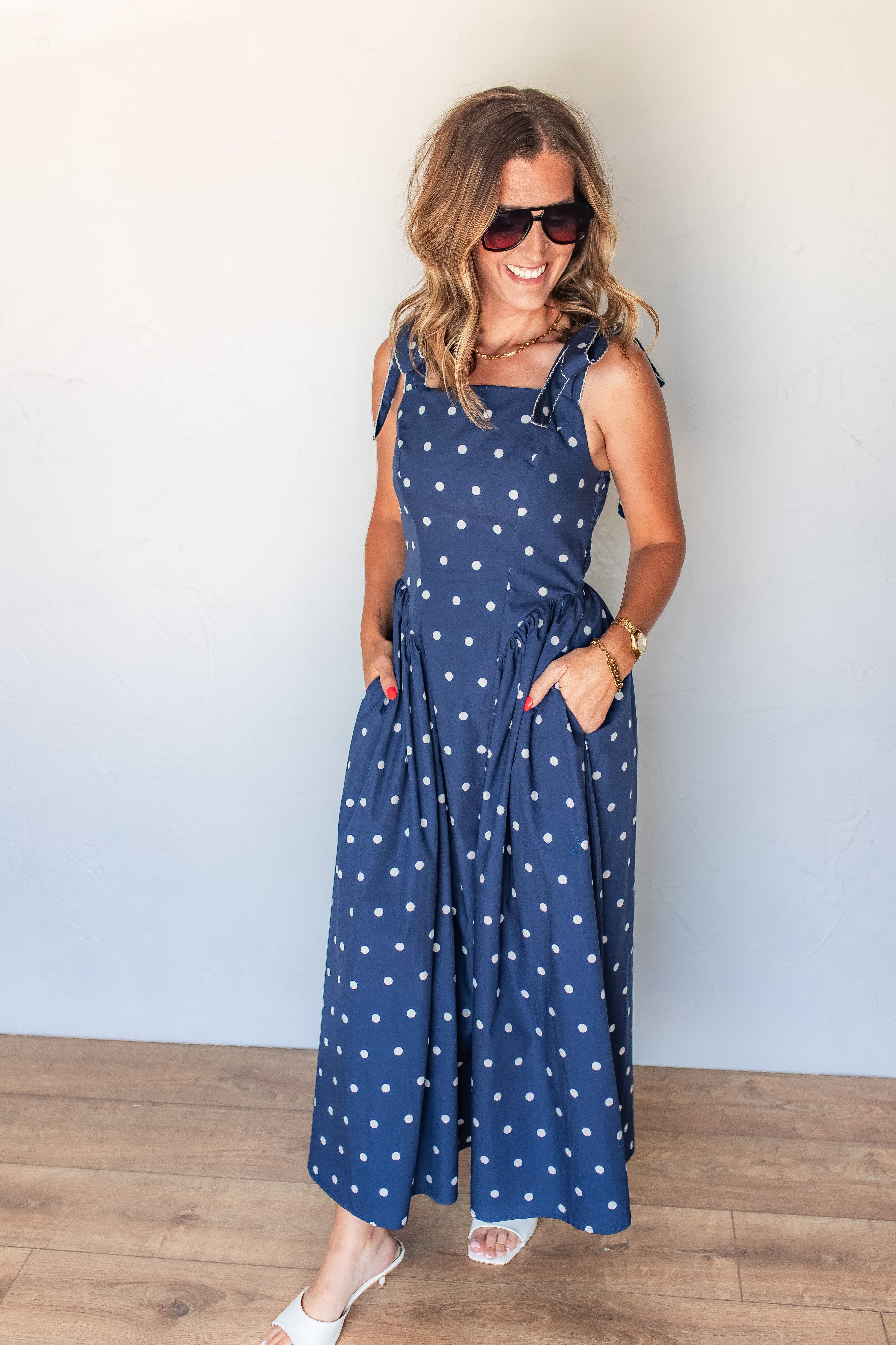 navy polka dot dress Zip Front Midi - All Dresses style neckline Navy Polka Dot Midi Dress