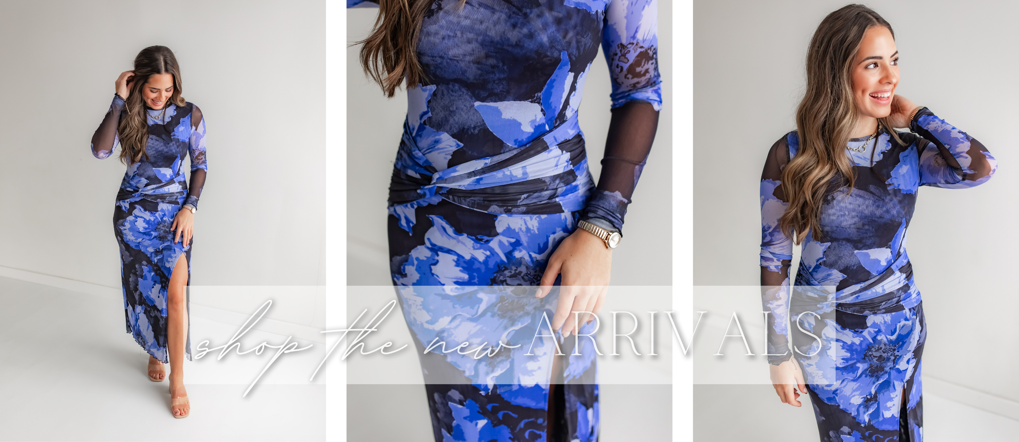 Chic blue floral midi dress styled for fall wedding outfit