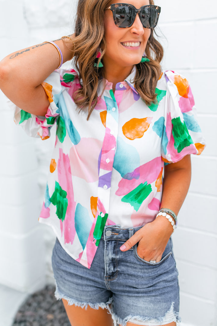 The Lydia Abstract Button Up Top