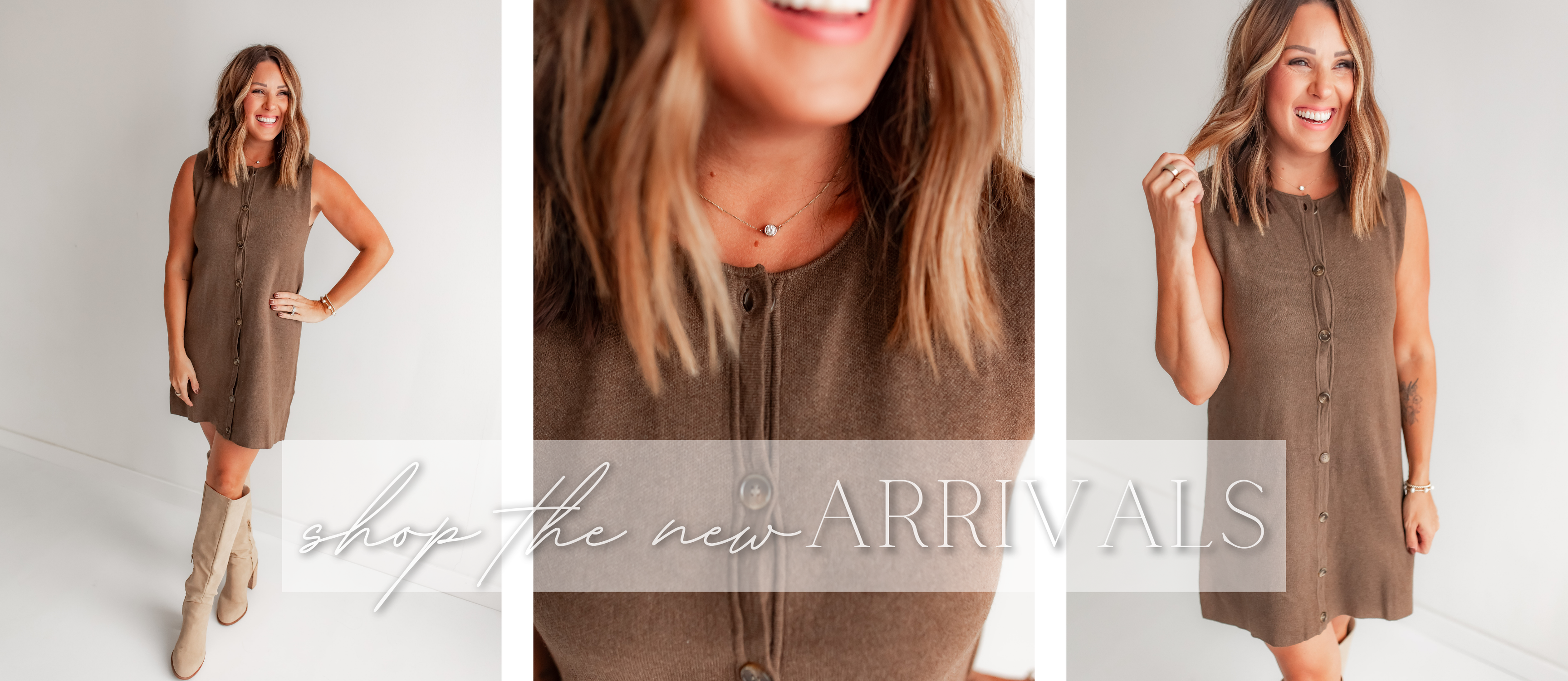 Brown sleeveless sweater dress with button front for fall