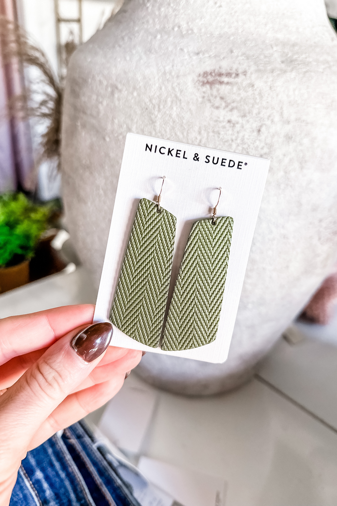 The Green Palm Gems Earrings [Nickel & Suede]