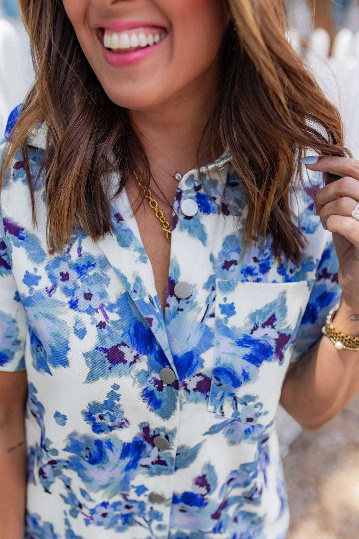 The Talia Floral Denim Romper - One Eleven Olive Boutique