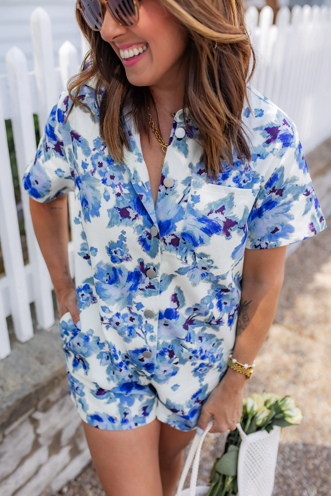 The Talia Floral Denim Romper - One Eleven Olive Boutique