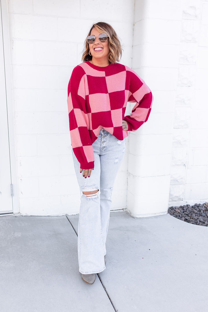 The Been There Checkered Sweater - Wine