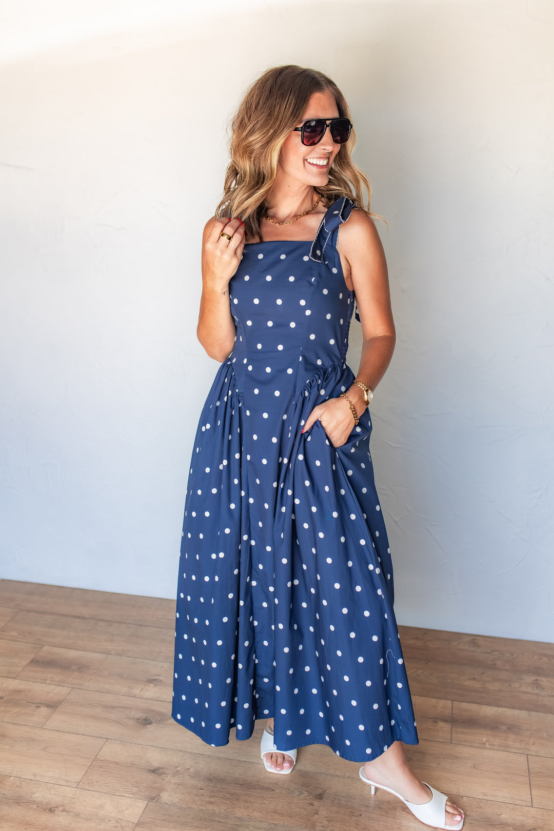 Navy Polka Dot Midi Dress