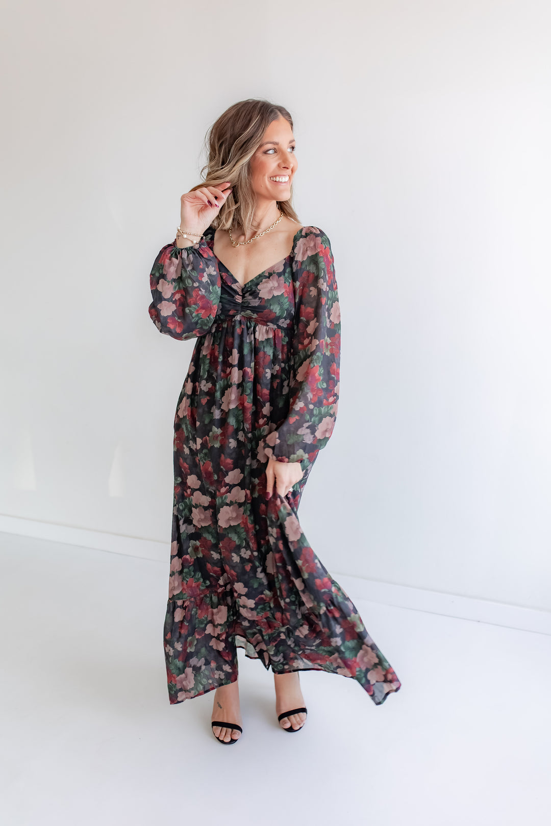 Christmas floral maxi dress with sweetheart neckline