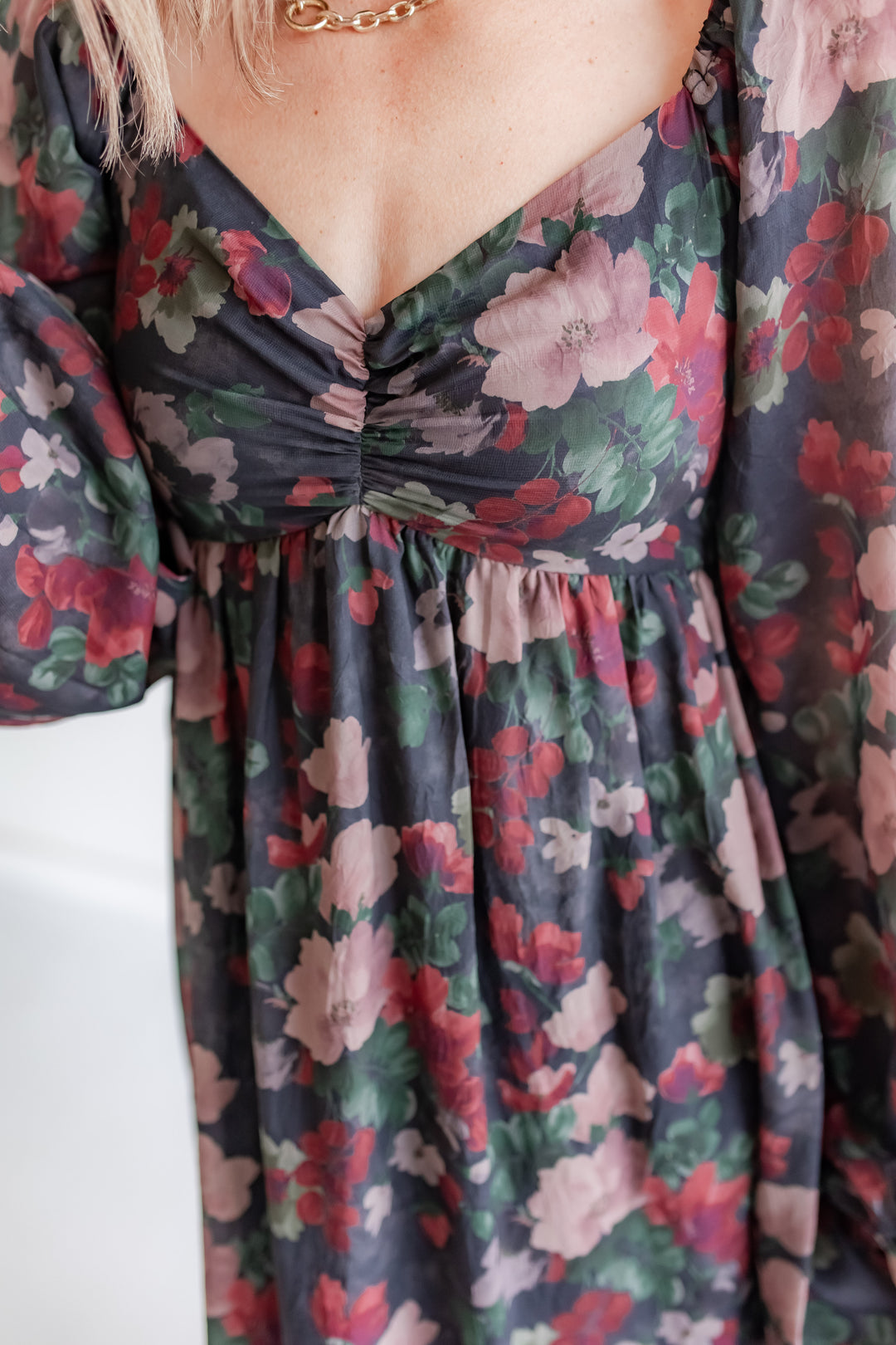 Festive winter floral dress with sweetheart neckline