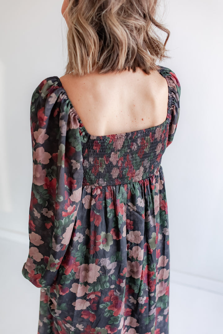Festive winter floral dress with smock back detail