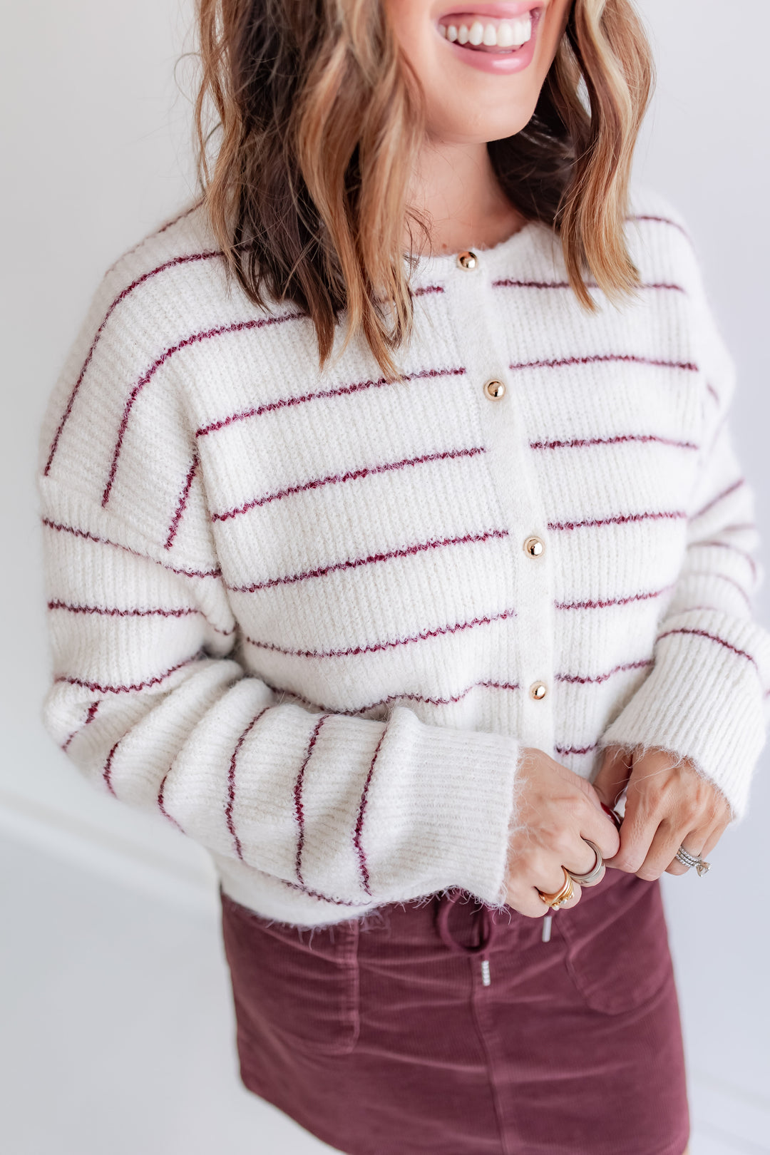 Cream and burgundy striped mohair cardigan