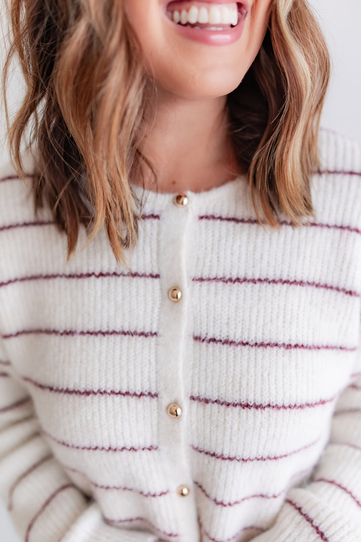 cream and wine striped cardigan with gold detail buttons