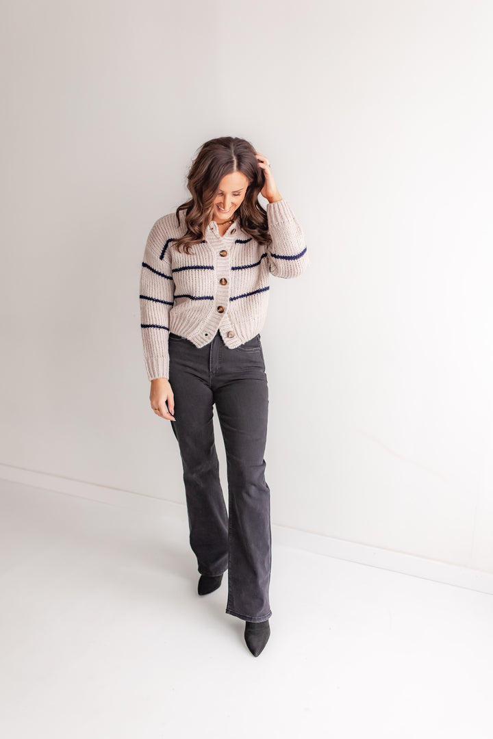 The Striped Muse Cardi - Shell/Navy