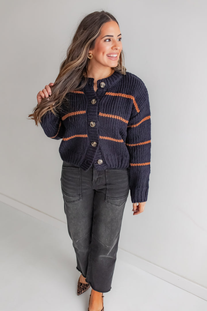 The Striped Muse Cardi - Navy/Mocha