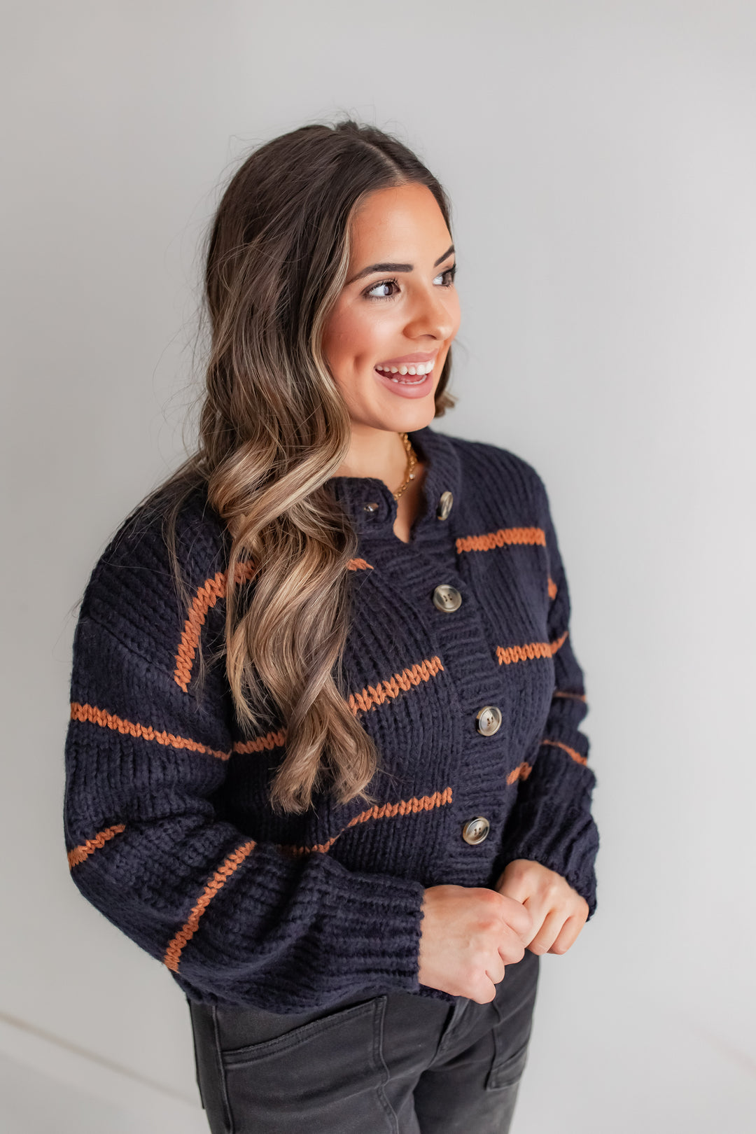 The Striped Muse Cardi - Navy/Mocha