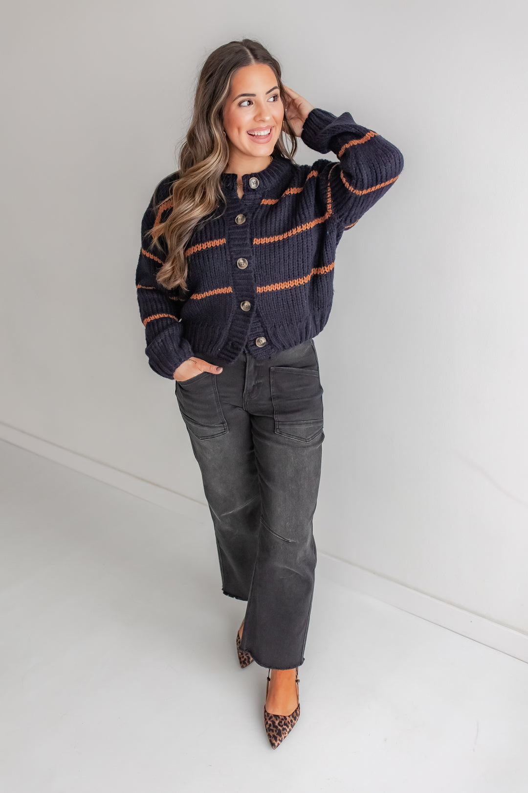 The Striped Muse Cardi - Navy/Mocha