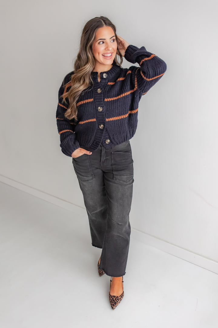 The Striped Muse Cardi - Navy/Mocha