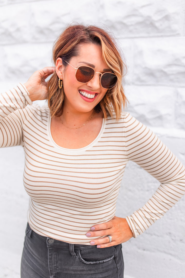 The Linny Stripe Top - Taupe/Cream