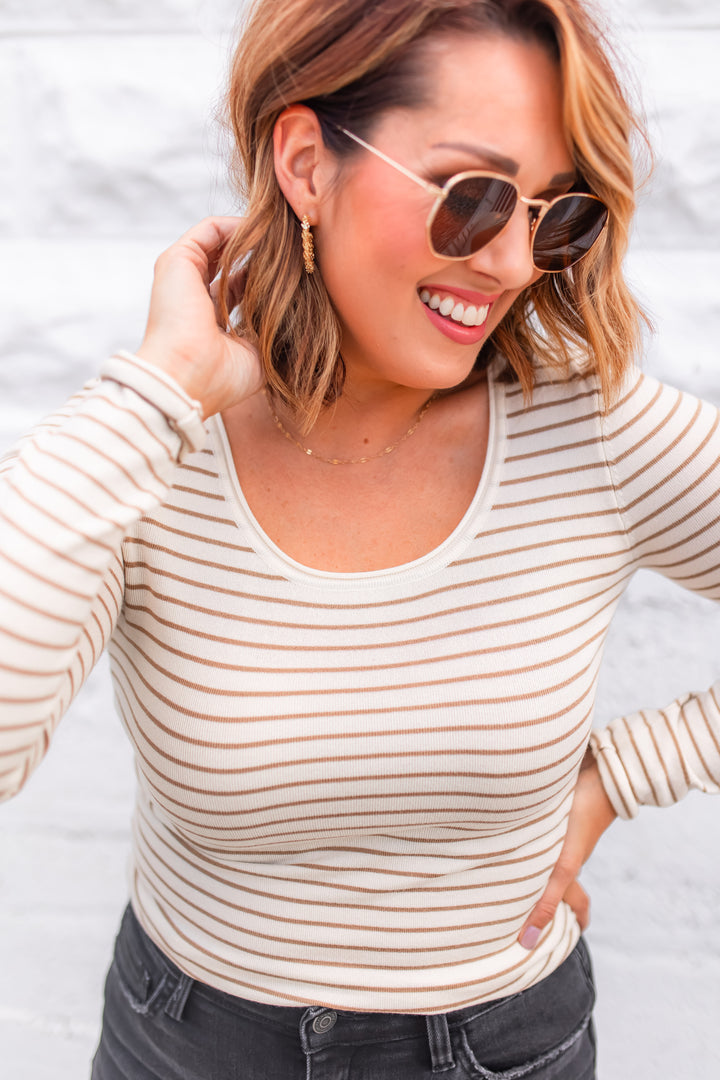 The Linny Stripe Top - Taupe/Cream