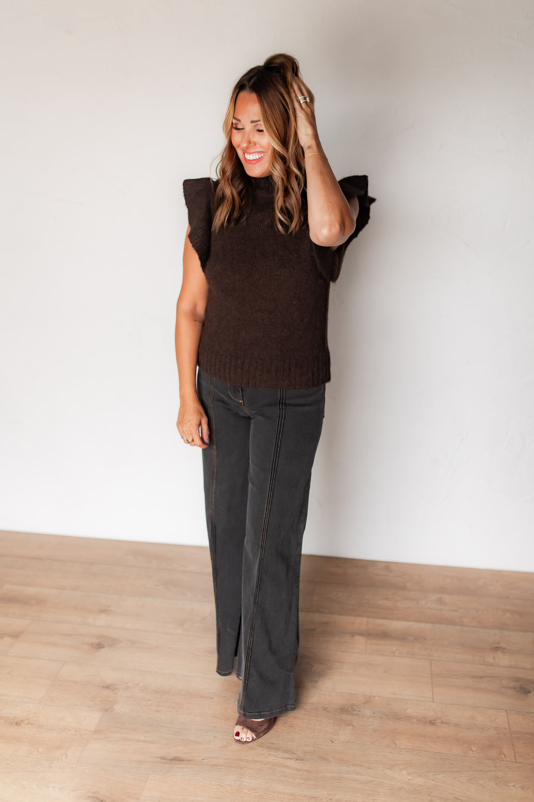 The Ada Ruffle Sleeve Sweater - Brown