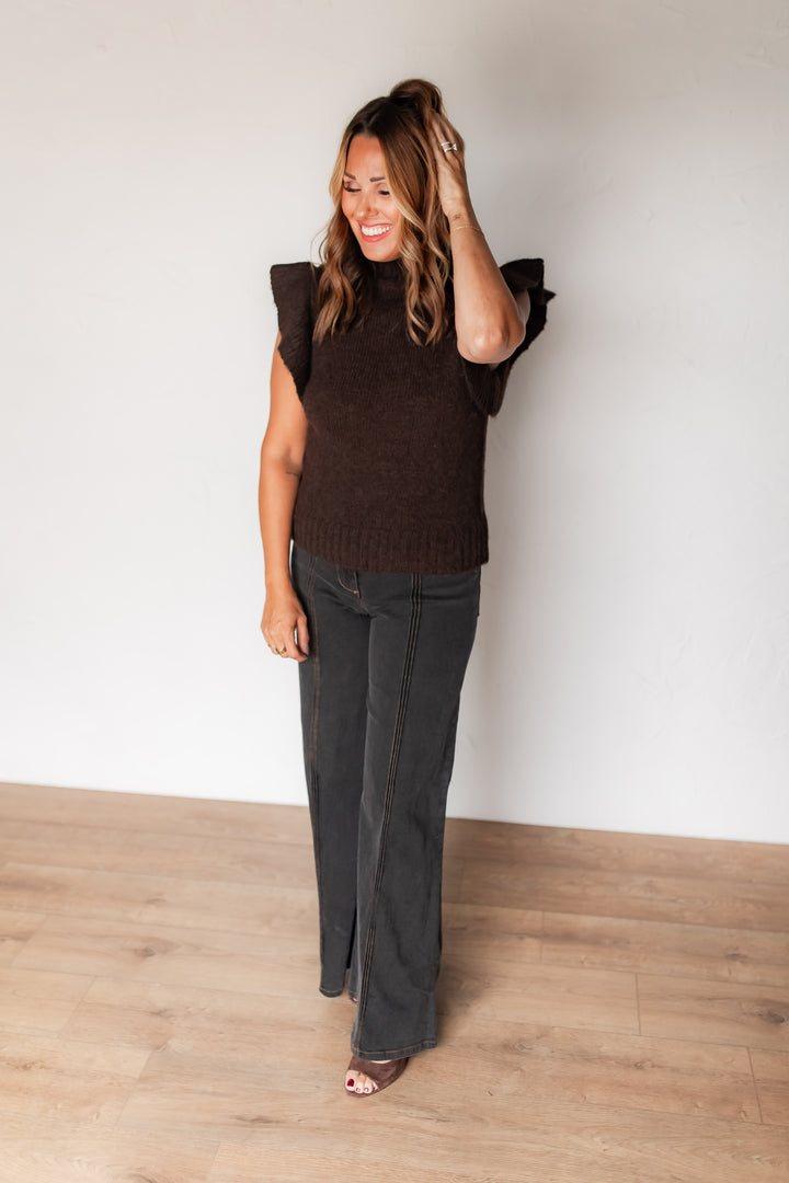 The Ada Ruffle Sleeve Sweater - Brown