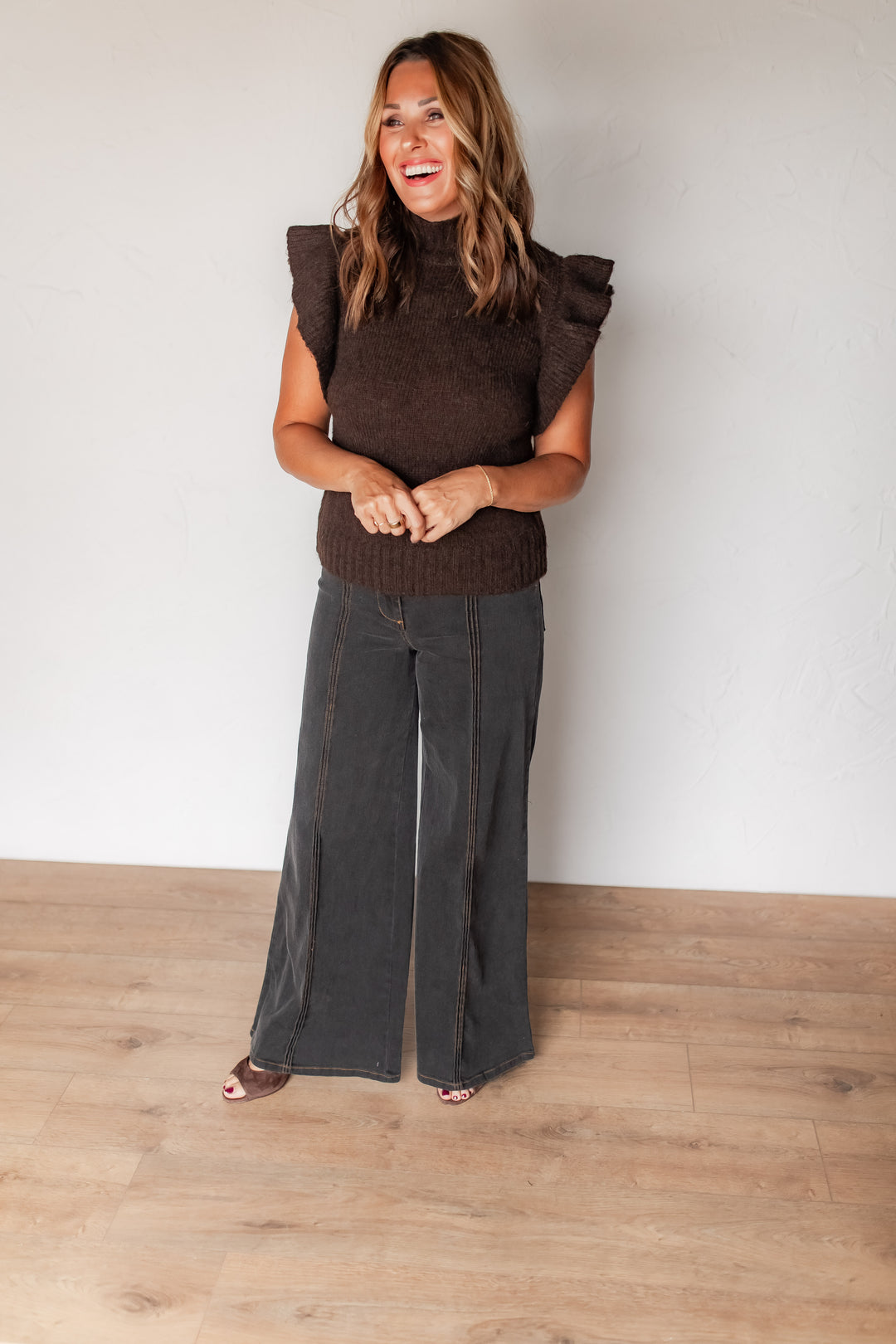 The Ada Ruffle Sleeve Sweater - Brown