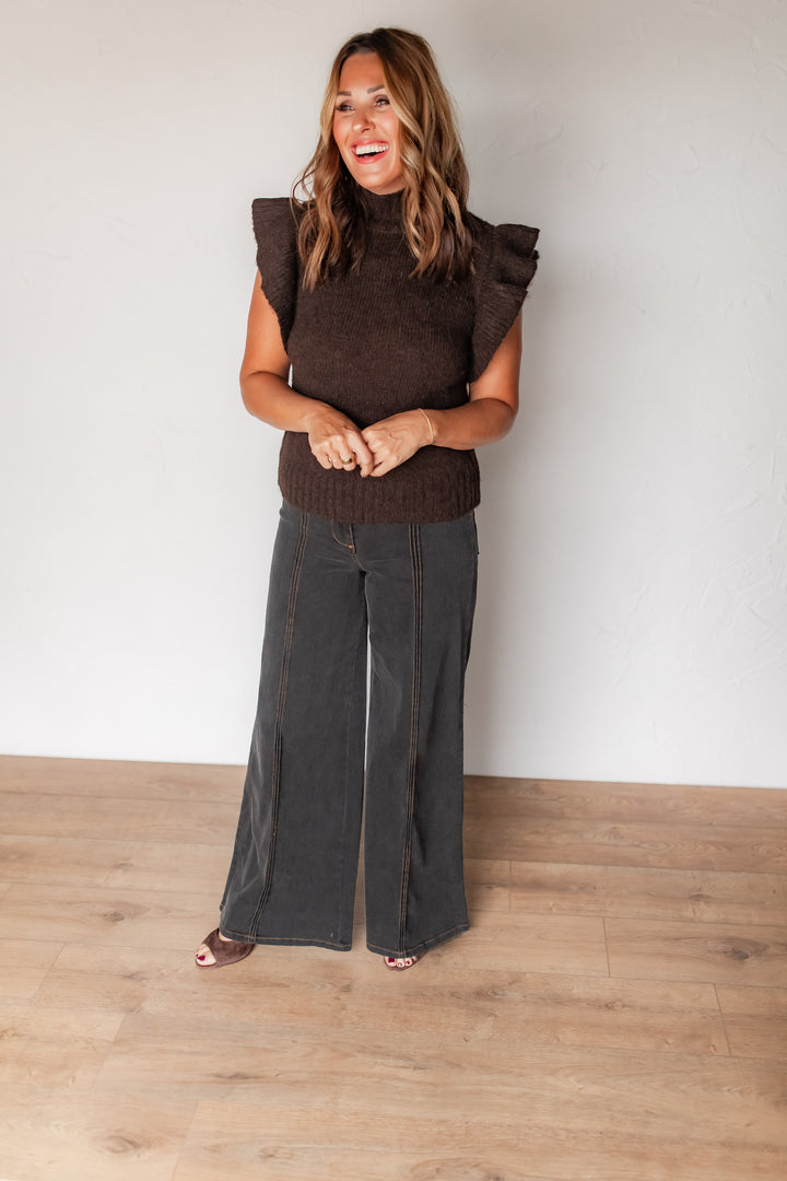 The Ada Ruffle Sleeve Sweater - Brown