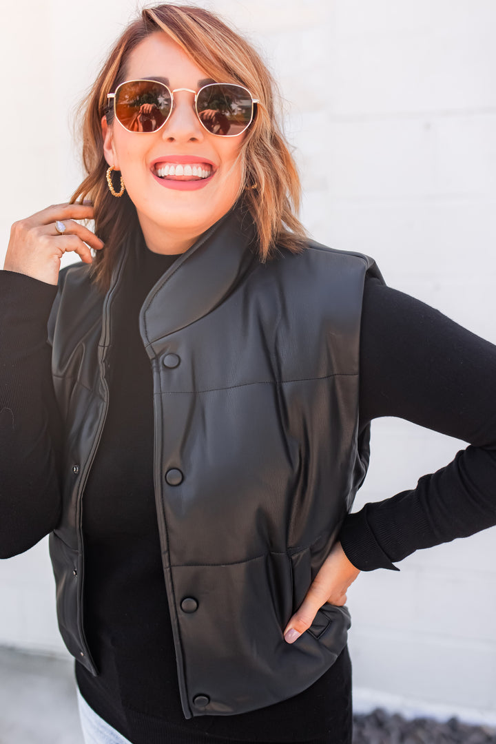 The Live Boldly Faux Leather Vest - Black