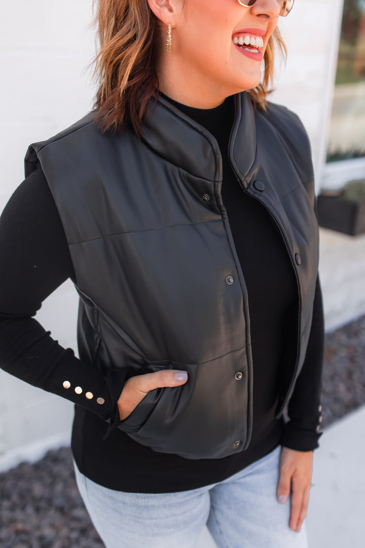 The Live Boldly Faux Leather Vest - Black