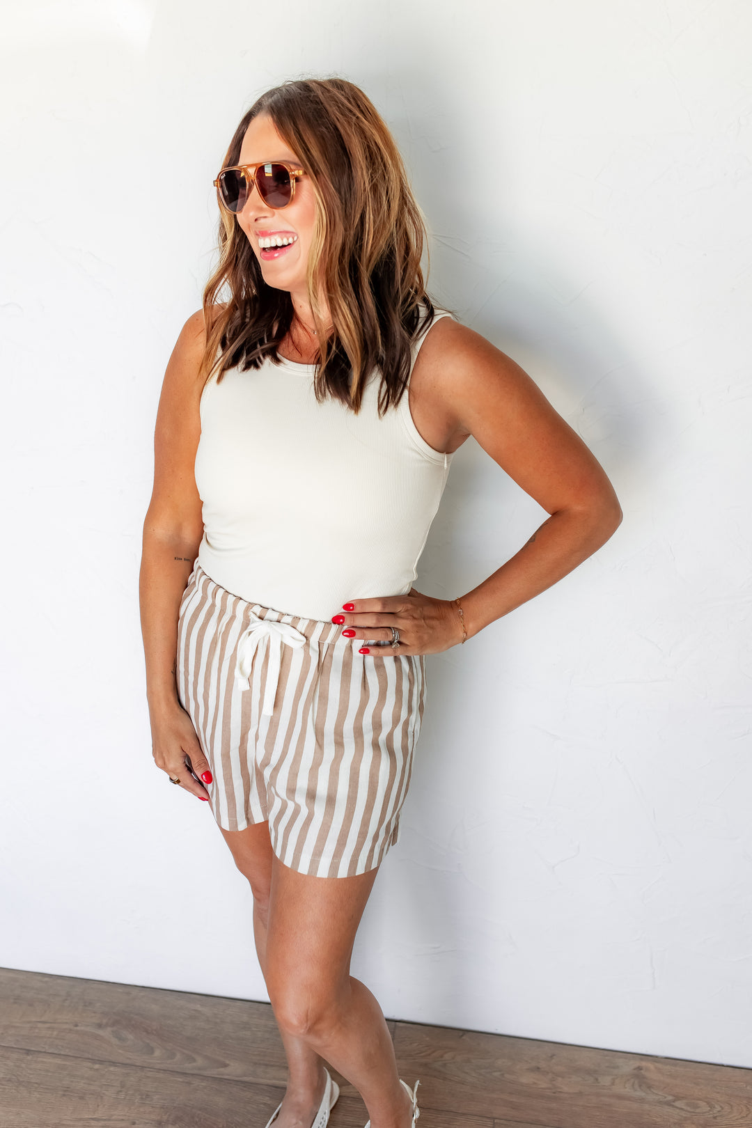 The Sorina Stripe Shorts - Taupe - One Eleven Olive Boutique