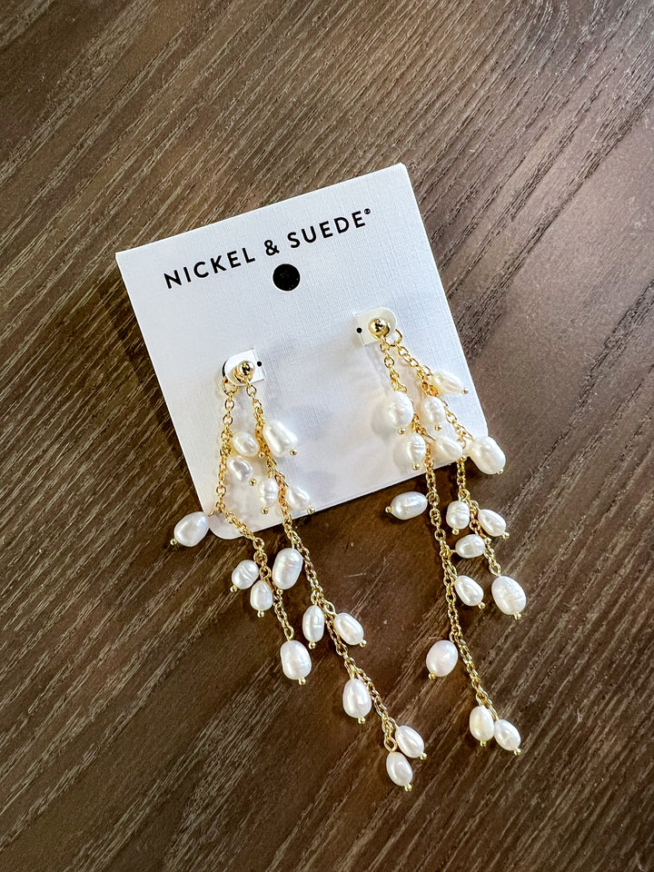 The Pearl Cascade Statement Studs [Nickel & Suede]