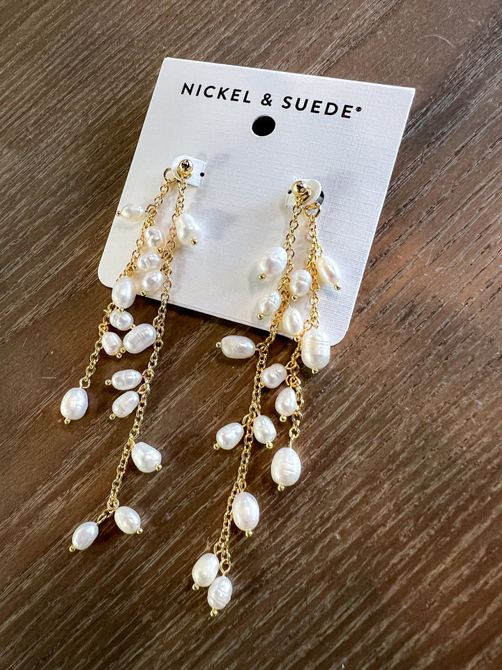 The Pearl Cascade Statement Studs [Nickel & Suede]