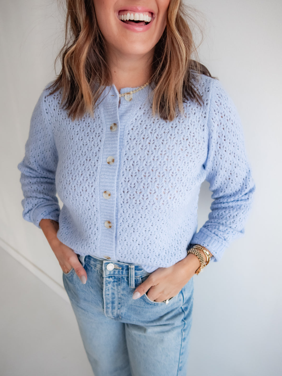 The Daydream Eyelet Cardigan - Blue