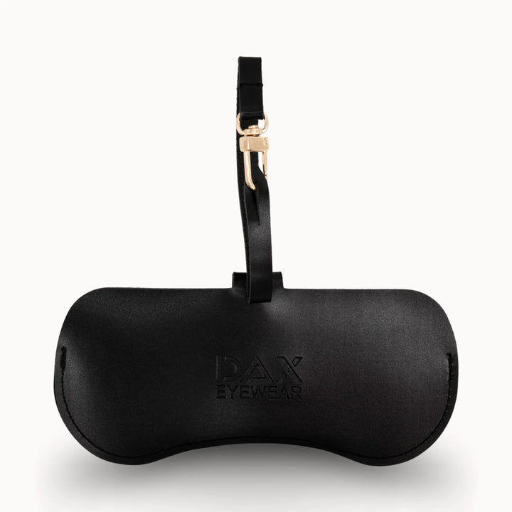 Black sunglasses case with 'DAX EYEWEAR' branding on a white background