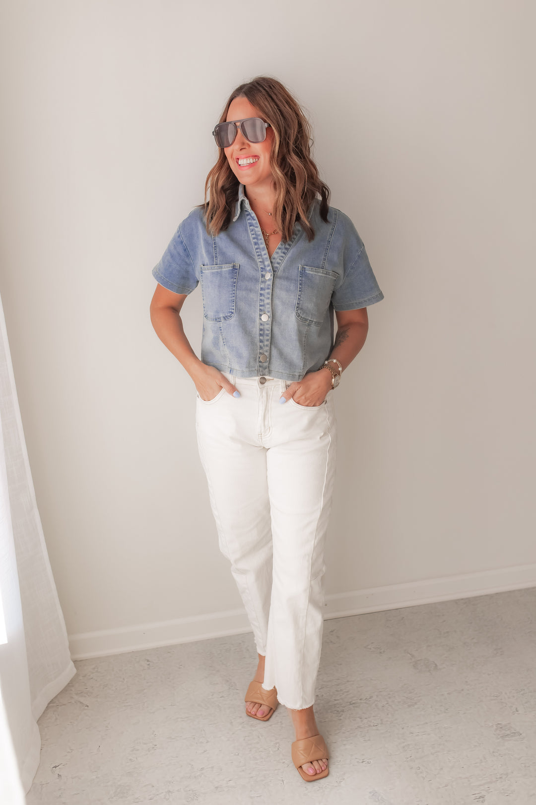 boxy denim top with button front and relaxed fit