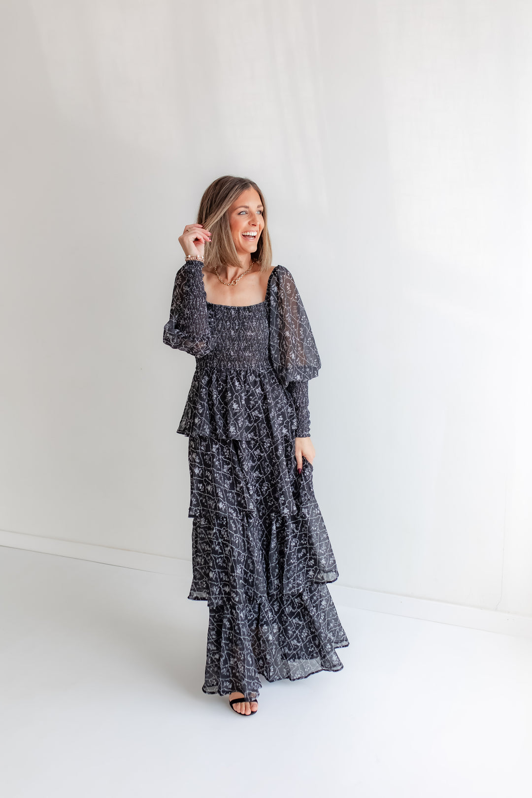 Charcoal black floral maxi dress with fall print