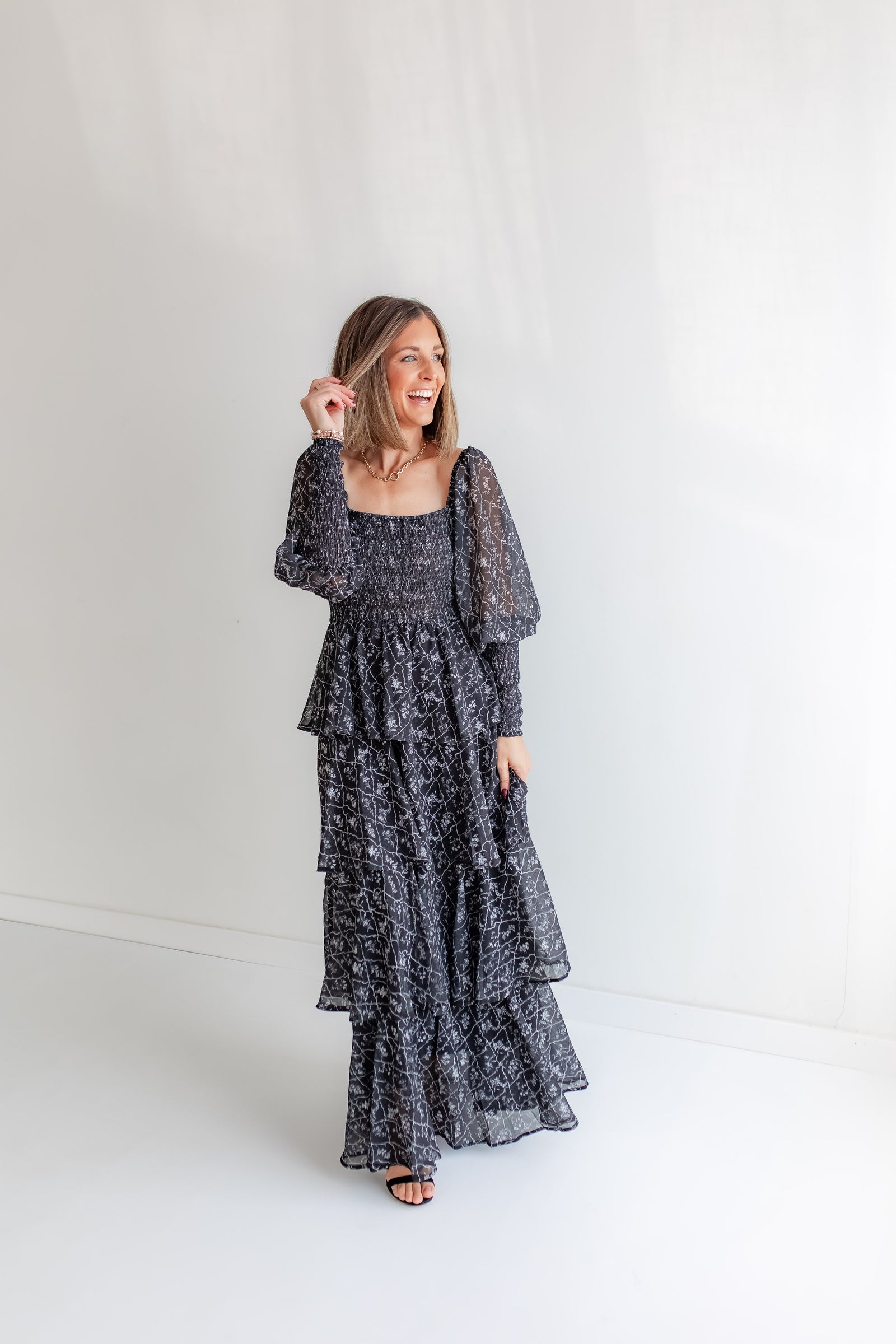 Charcoal black floral maxi dress with fall print
