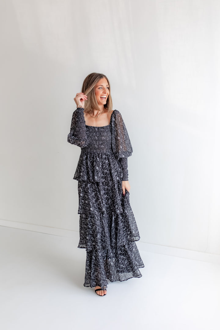 Charcoal black floral maxi dress with fall print