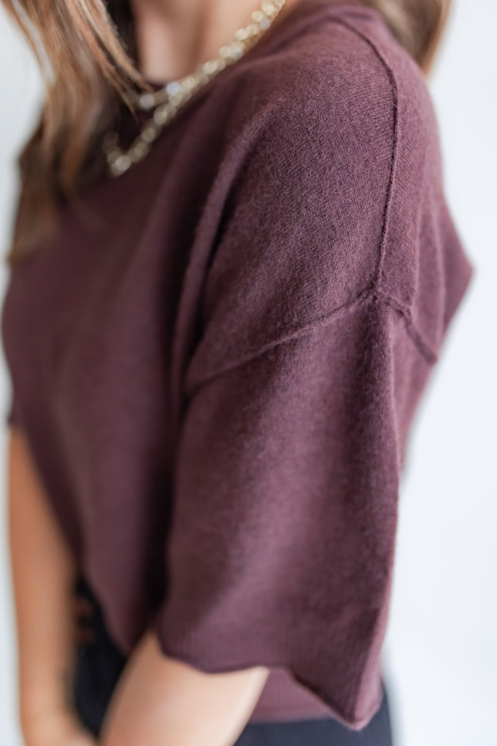Close up of a chocolate brown short sleeve sweater top.