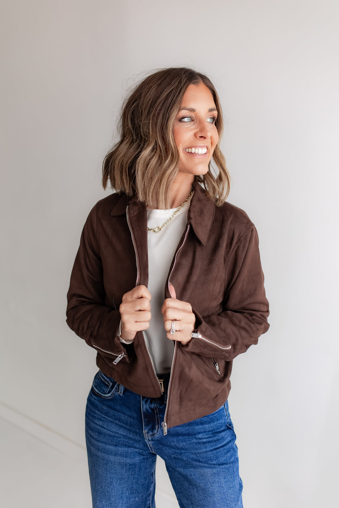 Chocolate brown suede jacket with zipper front