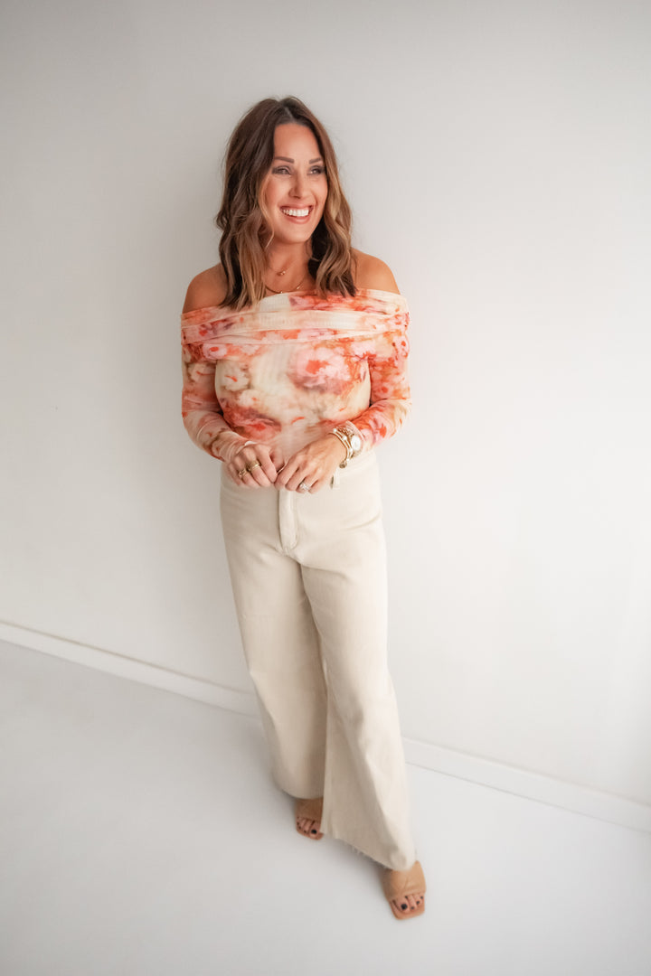 off the shoulder floral mesh bodysuit for women