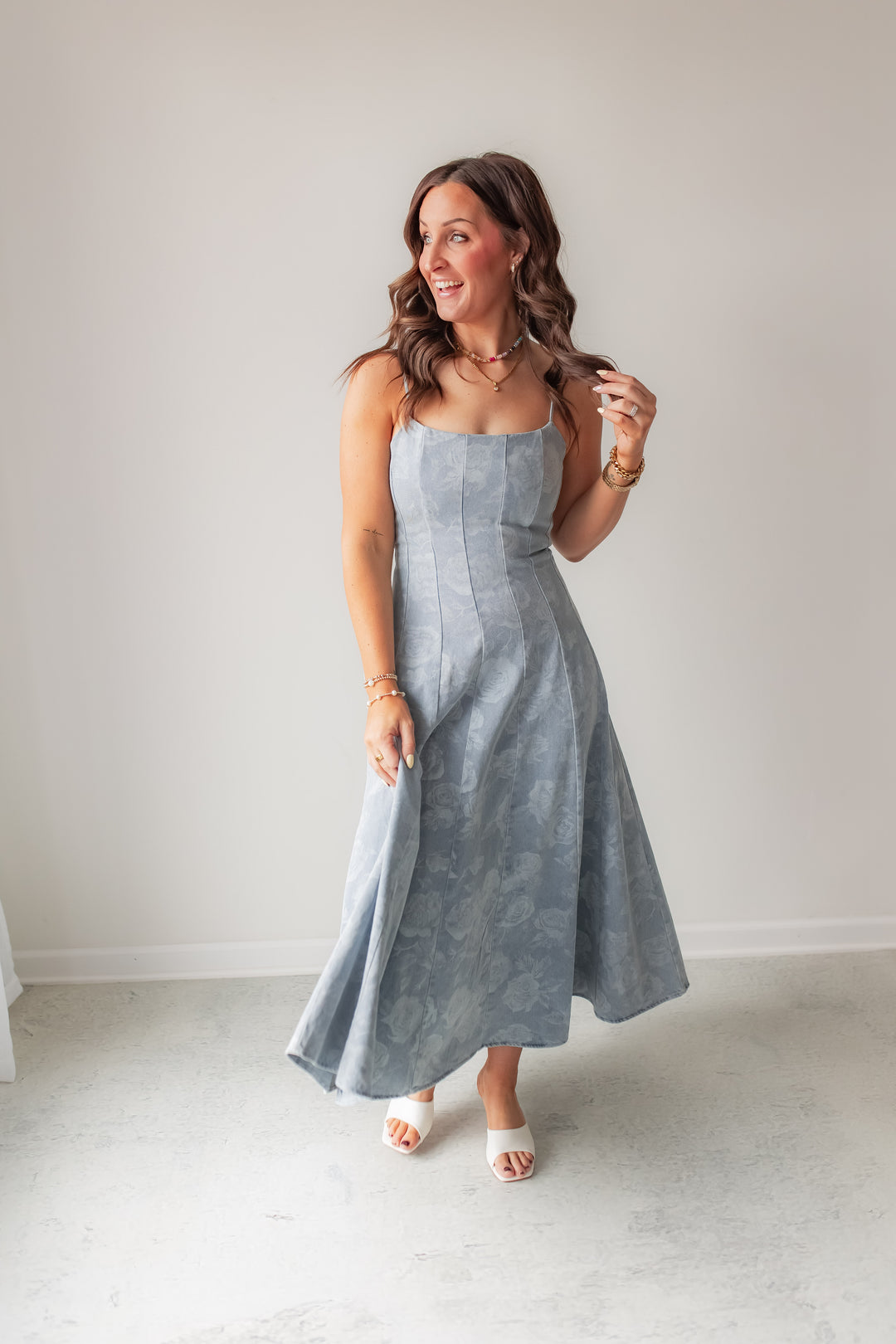 floral denim midi dress with fit and flare silhouette