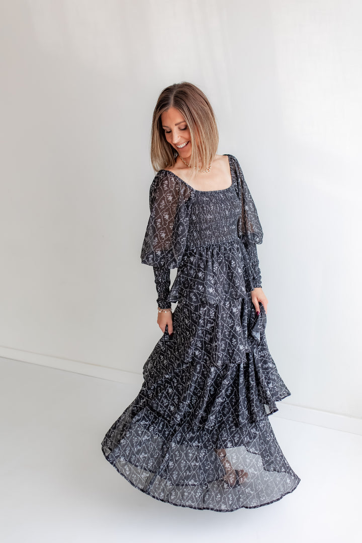 Charcoal floral maxi dress perfect for seasonal events