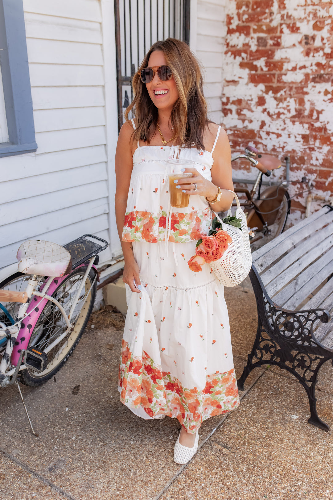 White floral midi skirt outfit for women styled with matching top for summer
