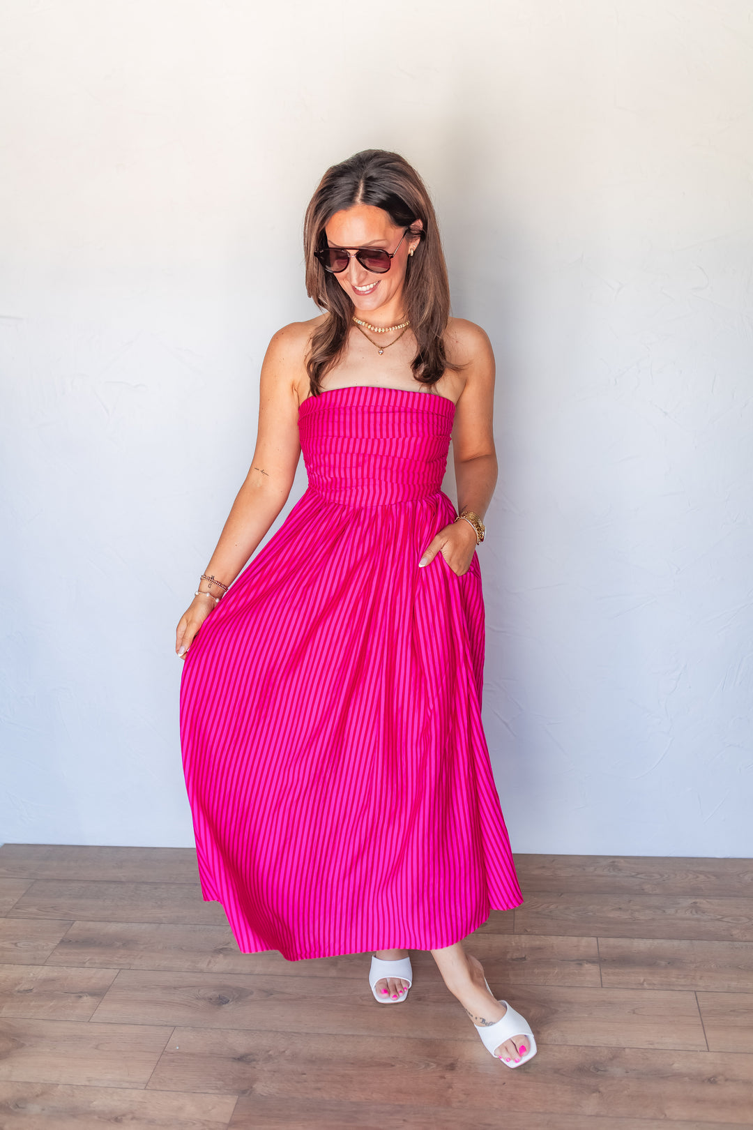 hot pink pleated dress Puff Sleeve The mermaid silhouette gracefully hugs your curves The Paradise Pink Midi Dress
