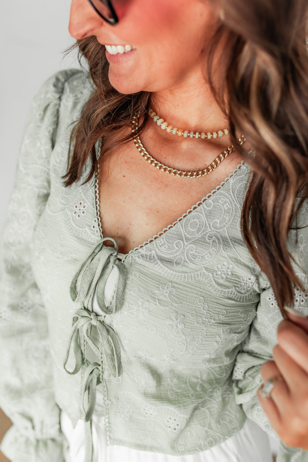 lightweight romantic blouse sage green detail