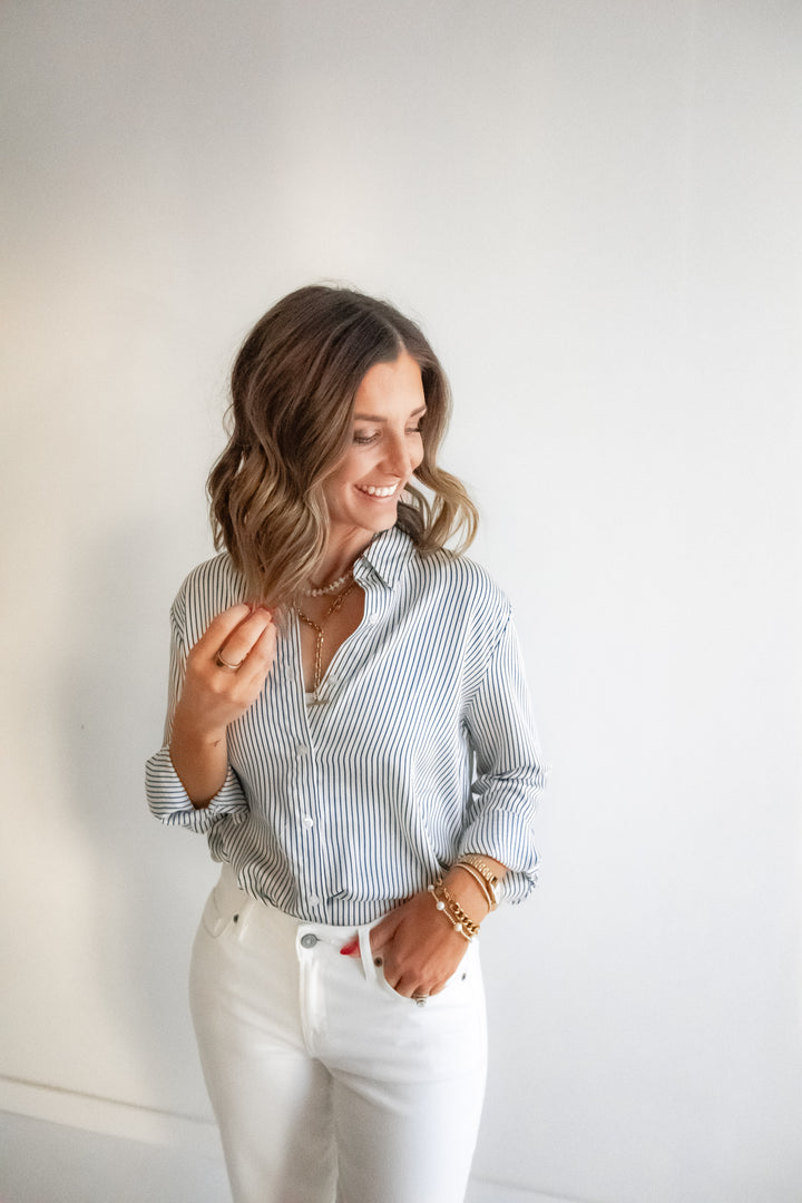 Navy and white striped button up shirt women