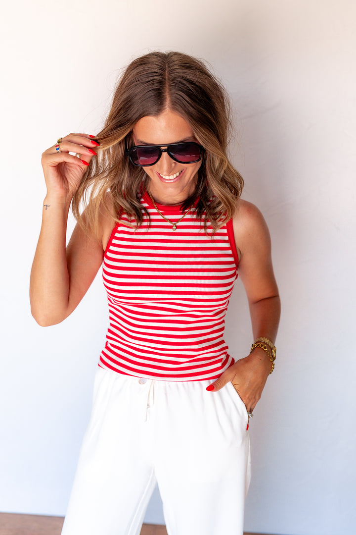 red and white striped fitted tank top