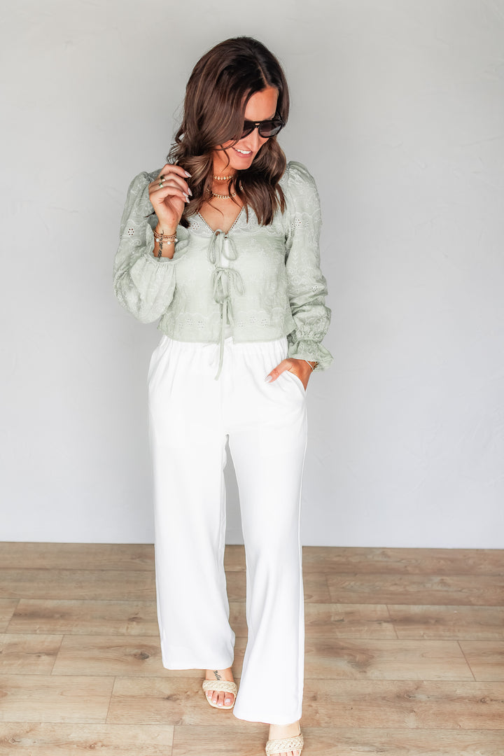 sage green lace tie front top for women