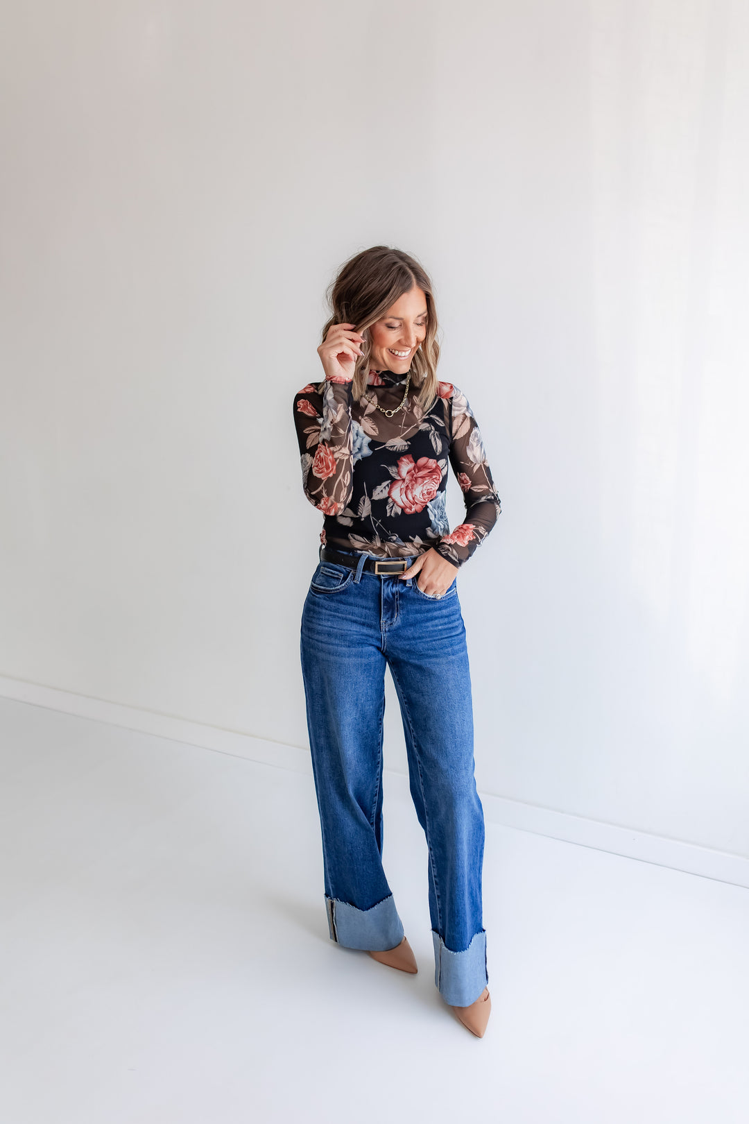 Lightweight floral top with sheer fabric and long sleeves