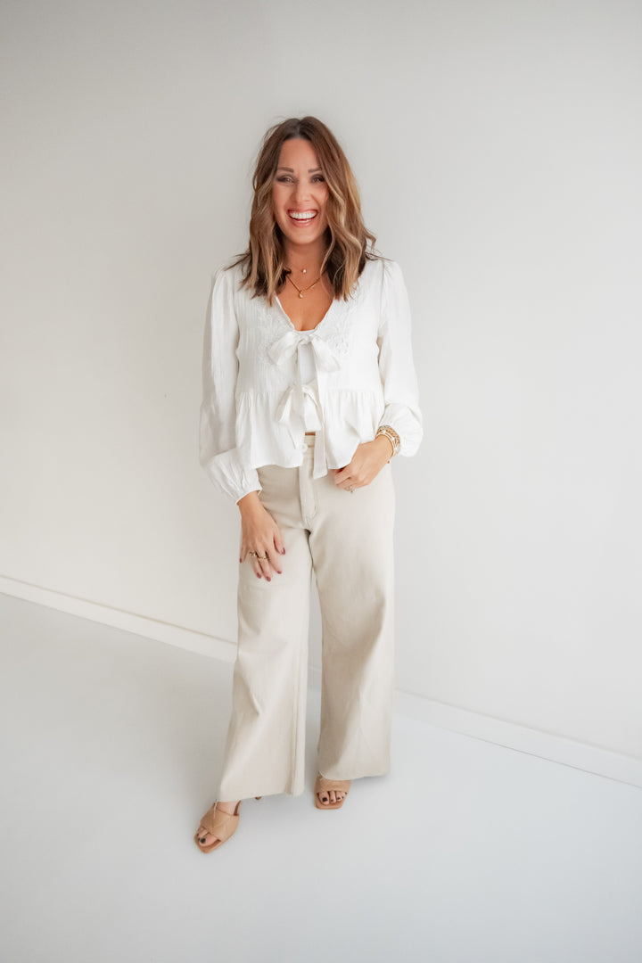 Women’s ecru wide leg trousers with stretch